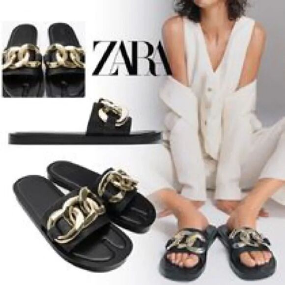 ZARA CHAIN TRIM LOW HEELED SANDALS - Picture 4 of 12